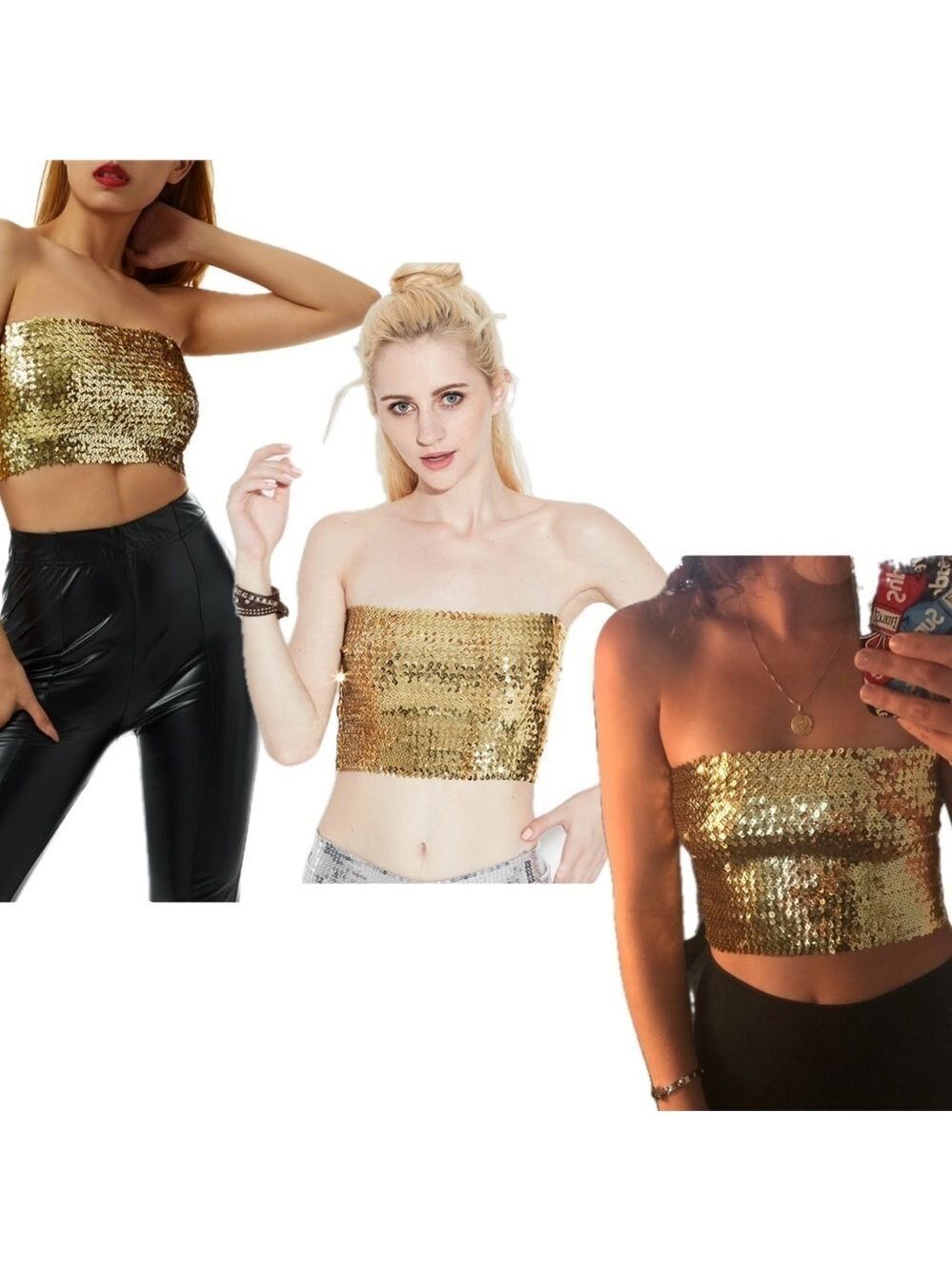 Women's Sequin Tube Top Shimmer Sleeveless Crop Top Elastic Shiny Tank Top M